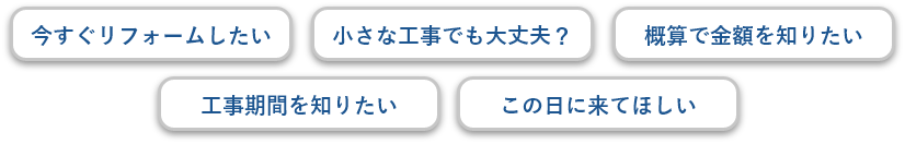 今すぐリフォームしたい 工事期間を知りたい 小さな工事でも大丈夫？ この日に来てほしい 概算で金額を知りたい